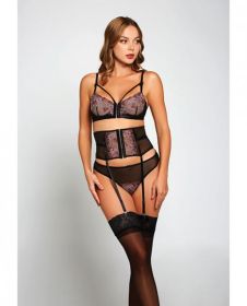 Jacquard Lace, Fine Mesh, Waist Cincher Garter & Thong Fuchsia/black Lg