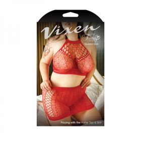 Vixen High Neck Halter Net Top & Tie Back Skirt Red Qn