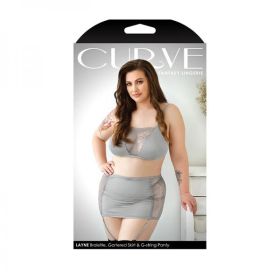 Curve Layne Lace & Microfiber Bralette W/garter Skirt & G-string Gray 1x/2x